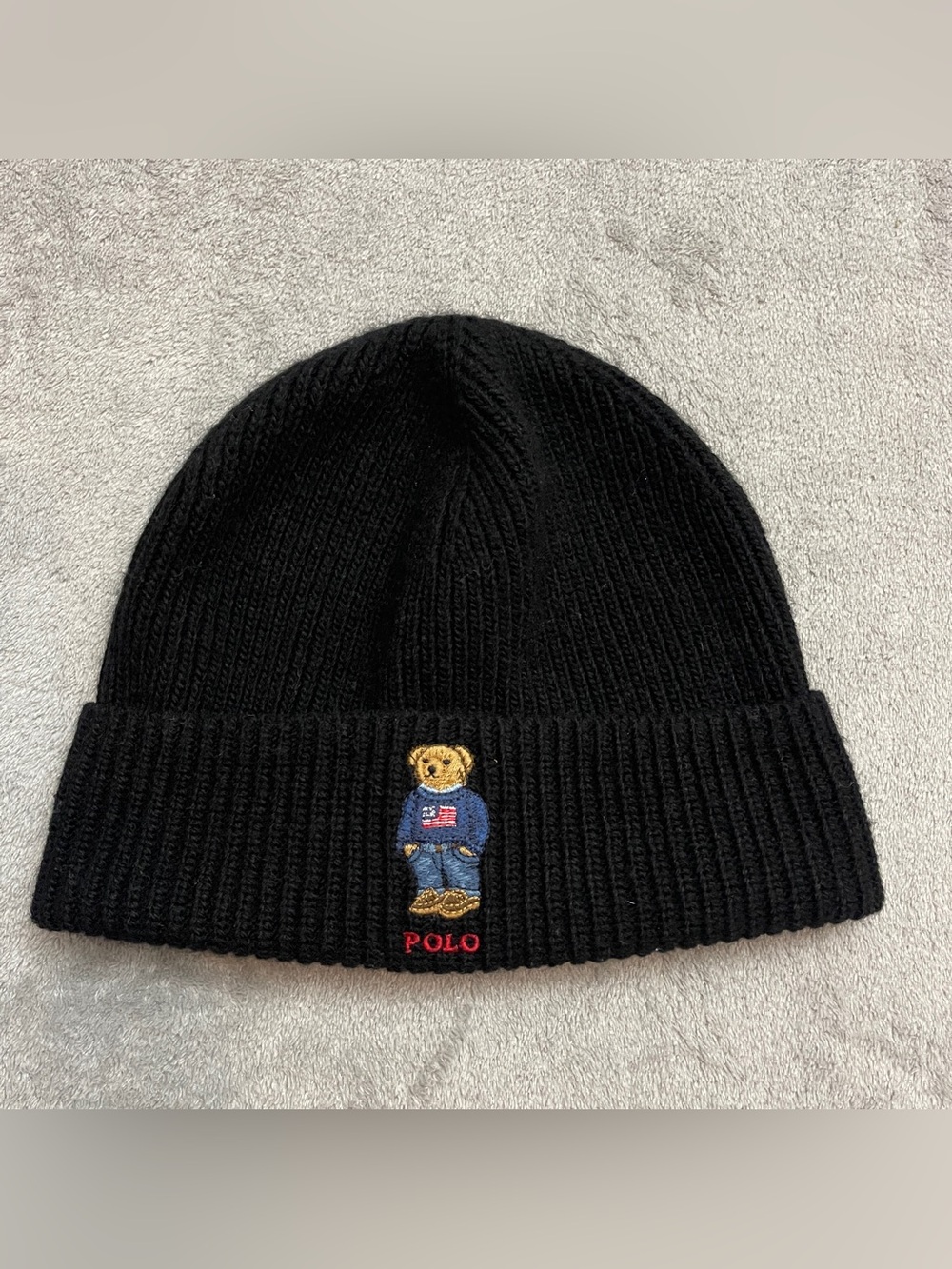 POLO RALPH LAUREN Men's Flag Bear Black Rib-Knit Wool-Blend Beanie Hat